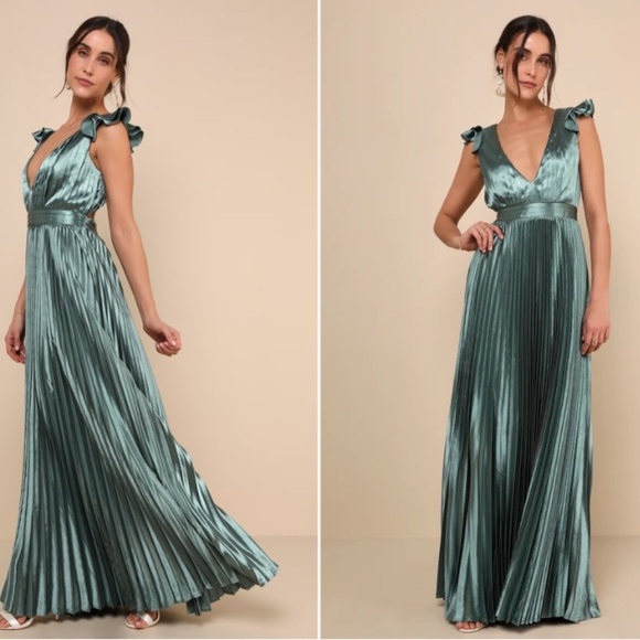 LULU's Sexy Prom Wedding Flowy Romantic Ruffle Corset Tie Back Maxi Dress - Picture 5 of 5